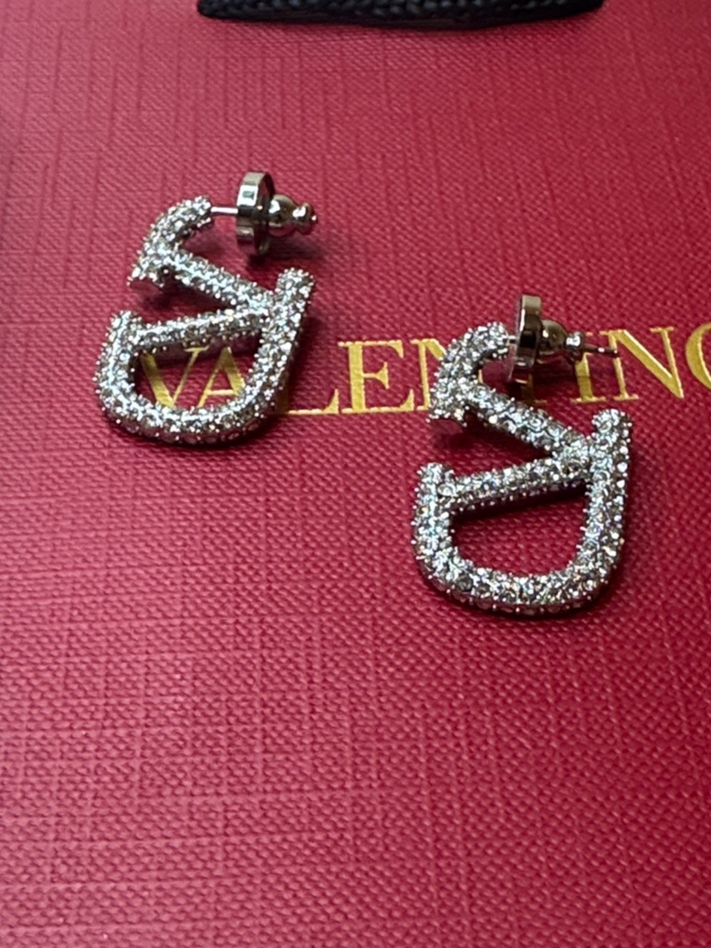 Valentino Silver Crystal Logo Drop Earrings